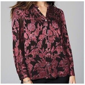J. Jill Burnout Semi Sheer Top Womens Large Red Black Floral Button Long Sleeve